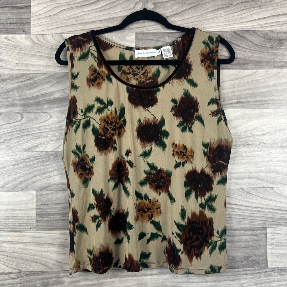 Vintage Dana Buchman Tank Top Womens XL Brown Floral Nylon Sleeveless Round Neck
